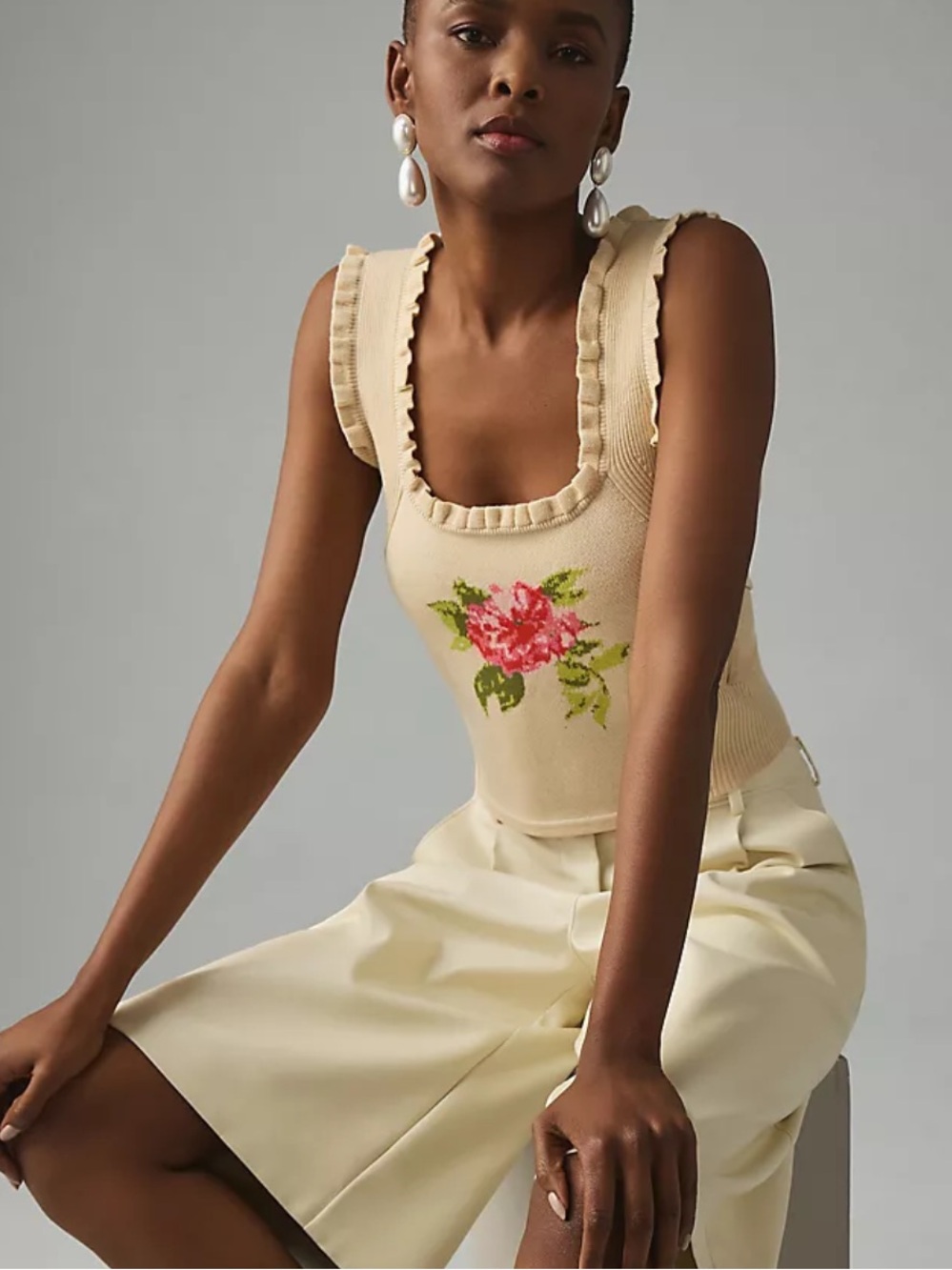 Anthropologie Beige Knit Tank with Pink Floral Needlepoint Design